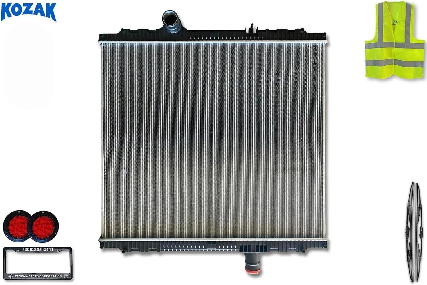 KOZAK Radiator N3800001 Compatible with Kenworth T680 2013, T2000 2008-2011, T700 2011-2013 Truck PLUS Logo, Wipers, License Plate Frame, 2x Trailer Tail Lights and Vest