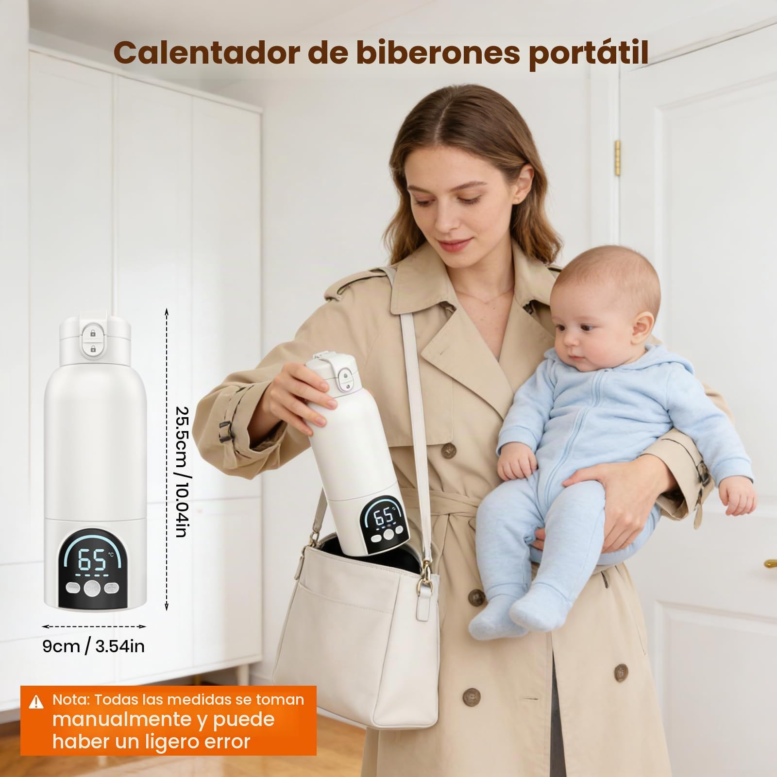 Calienta Biberones Portatil para Viaje, Calentamiento Rápido y Larga Duración de Batería 12000mAh, Capacidad de 500ml Calentador Biberones para Leche Materna y Agua (Blanco)