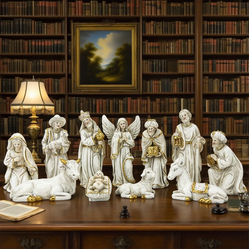 11-Piece Christmas Figurine Collection, White and Gold Nativity Scene Set, Porcelain Religious Holiday Decor with Holy Family, Angels, Shepherds and Animals (White)
