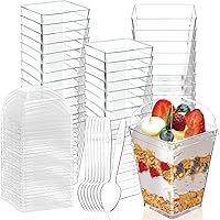 Vista 8 de Paquete de 50 tazas de plástico transparente de 5 onzas con tapas y cucharas, tazas cuadradas reutilizables para aperitivos de parfait, taza