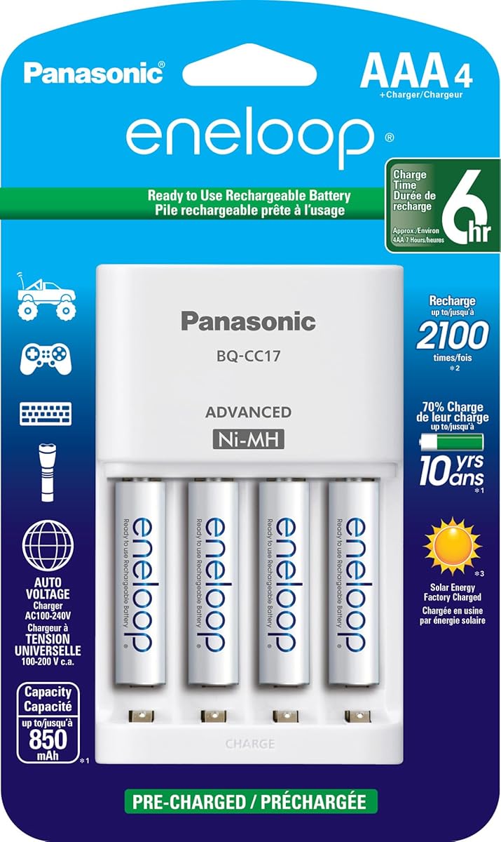 Panasonic K-KJ17M3A4BA Advanced Individual Cell Battery Charger Pack with 4 AAA eneloop 2100 Cycle Rechargeable Batteries
