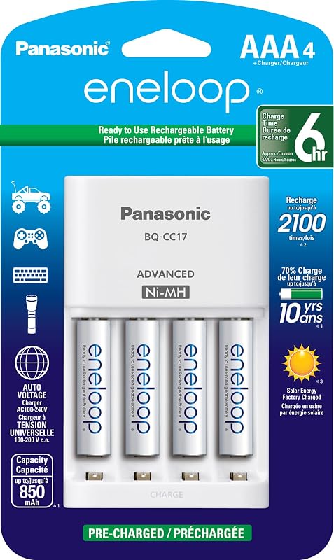Panasonic K-KJ17M3A4BA Paquete de cargador de batería individual avanzado con 4 baterías recargables AAA eneloop de 2100 ciclos