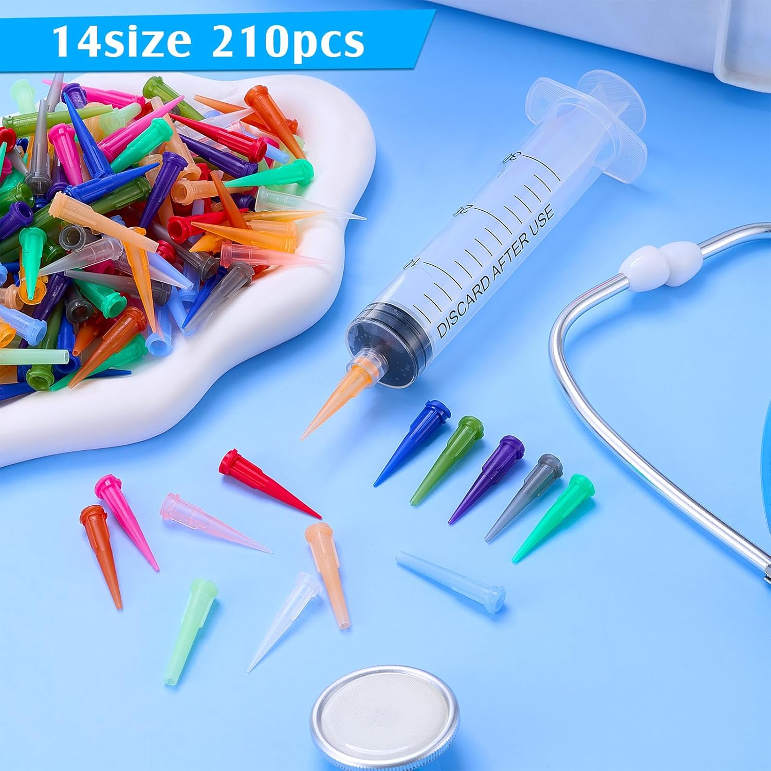 Treela 210 Pieces 14 Size Plastic Tapered Pinhead Blunt Tips Adhesive Dispensing Plastic Glue Tips for Industry Oil or Glue Applicator (Multicolor)