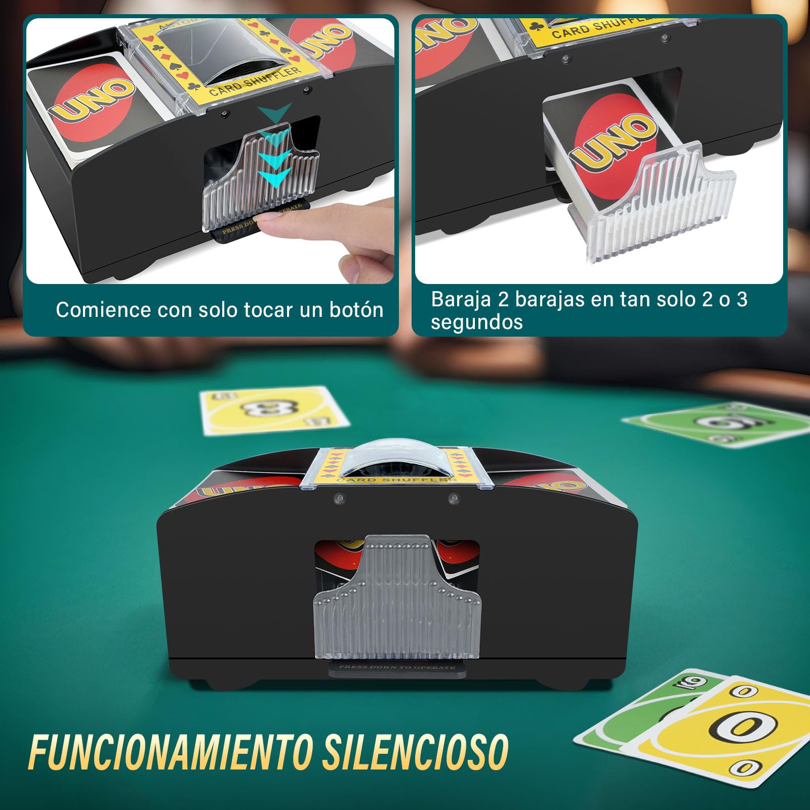 Barajador de Cartas Eléctrico, Repartidor de Cartas Automático para 1-2 Barajas, Mezclador de Cartas Automático para Reuniones Familiares, Card Shuffler para UNO, Póker y Blackjack