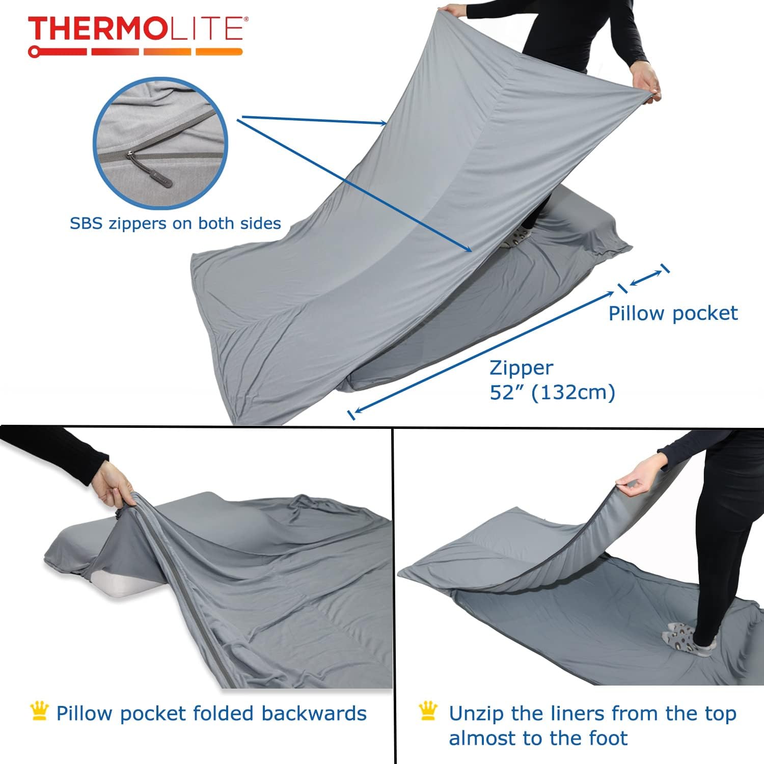 BROWINT Thermolite Sleeping Bag Liner with Zippers for Cold Weather, Lightweight Mummy with Hood & Rectangular Sleep Sack for Adult, Adds Warmth, Thermal Travel Liner, All Season
