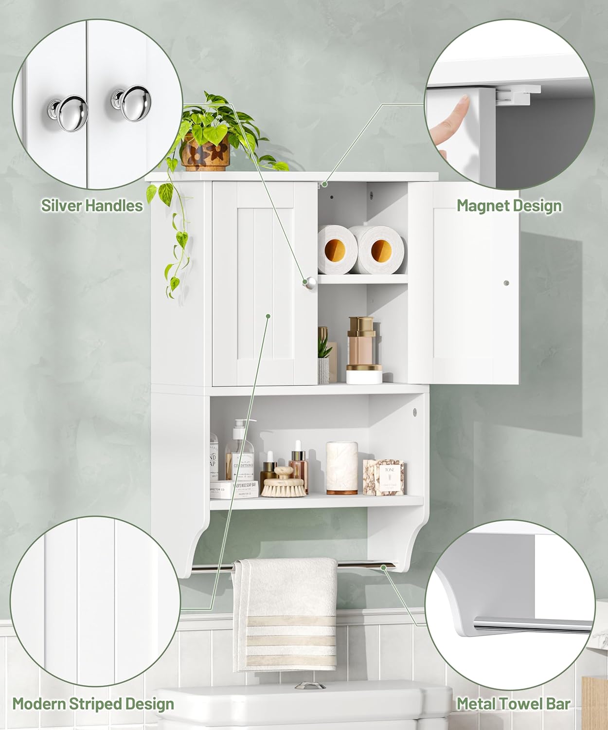 Small Medicine Cabinet with Towel Bar and Adjustable Shelf, Modern Bathroom Wall Cabinet with 2 Lined Doors, Wooden Over The Toilet Storage Cabinet for Kitchen, Living Room, Entryway, White