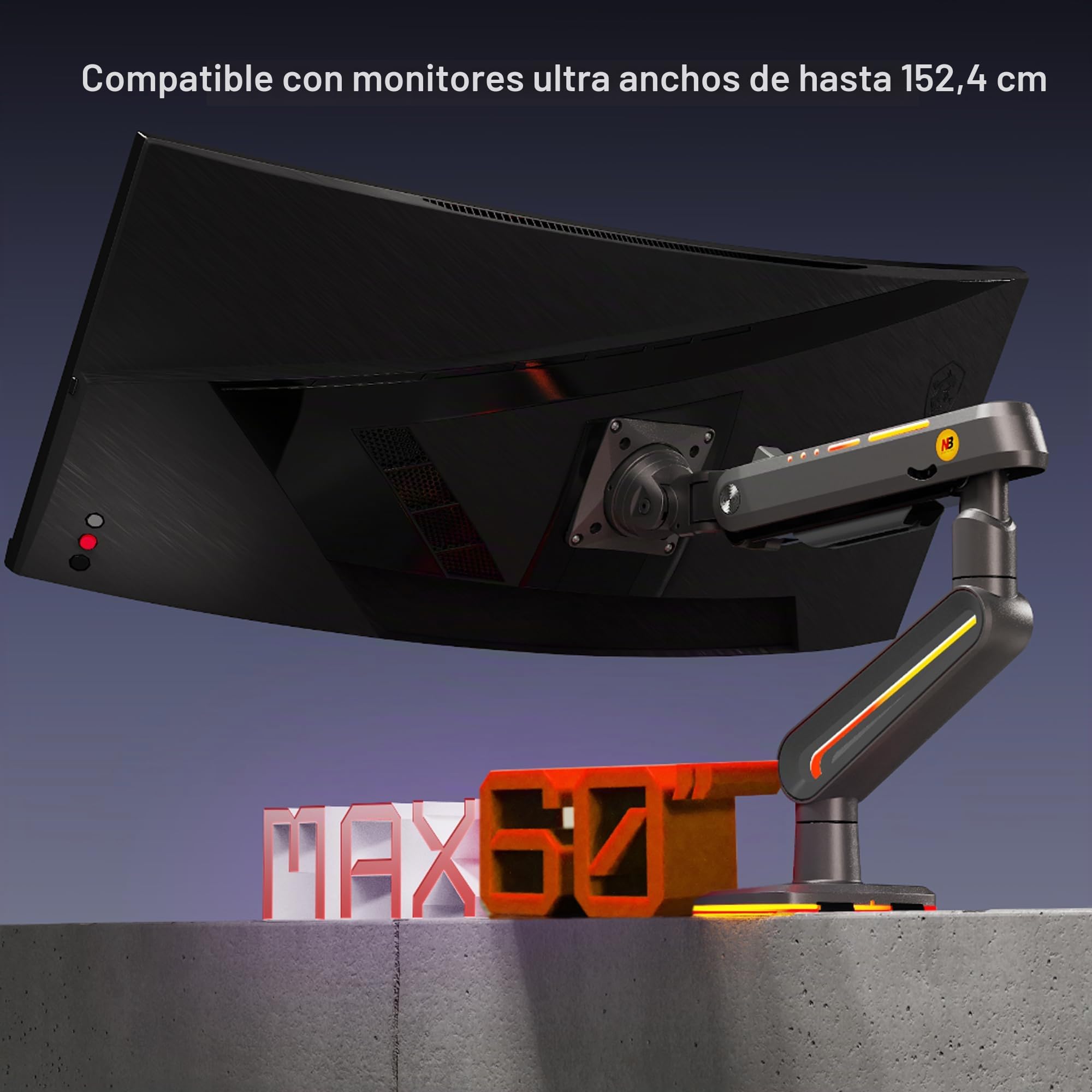 NB Ergonomic Soporte para Monitor para Pantalla Curvada ultraancha hasta 60 Pulgadas, Brazo de Monitor Carga de hasta 20 kg, VESA 75/100 mm | Carga de hasta 20 kg, resorte mecánico, placa de desmontaje rápido, VESA 75 y 100 mm (negro)