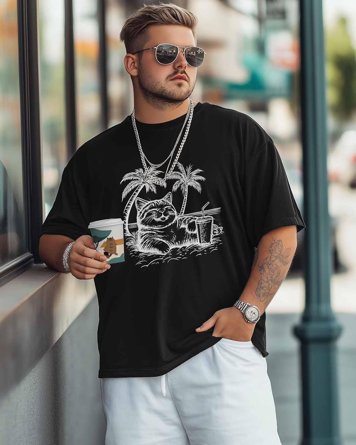 Mens Graphic T-Shirts, Cat Beach Short Sleeve Crew Neck Comfortable Soft Casual Classic Tee, XS - 5XL Palm Tree Tshirts Top - Image 3