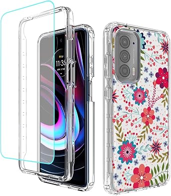 Case for Moto Edge 2021/Moto Edge 5G UW Case with Tempered Glass Screen Protector, Full Body Shockproof Clear Floral Soft Phone Protective Cover for Motorola Moto Edge 2021 Floral Prints