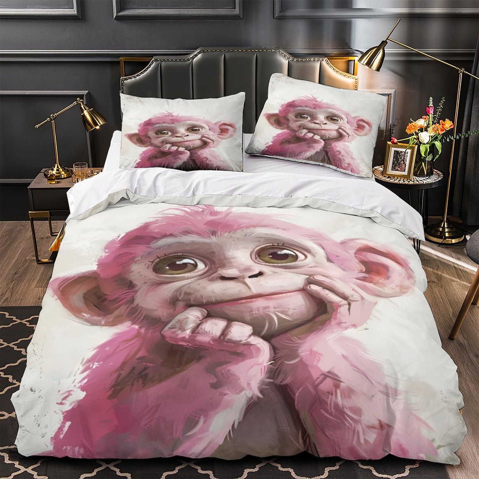 Housse de couette singe rose lit simple zippée facile à laver enfant