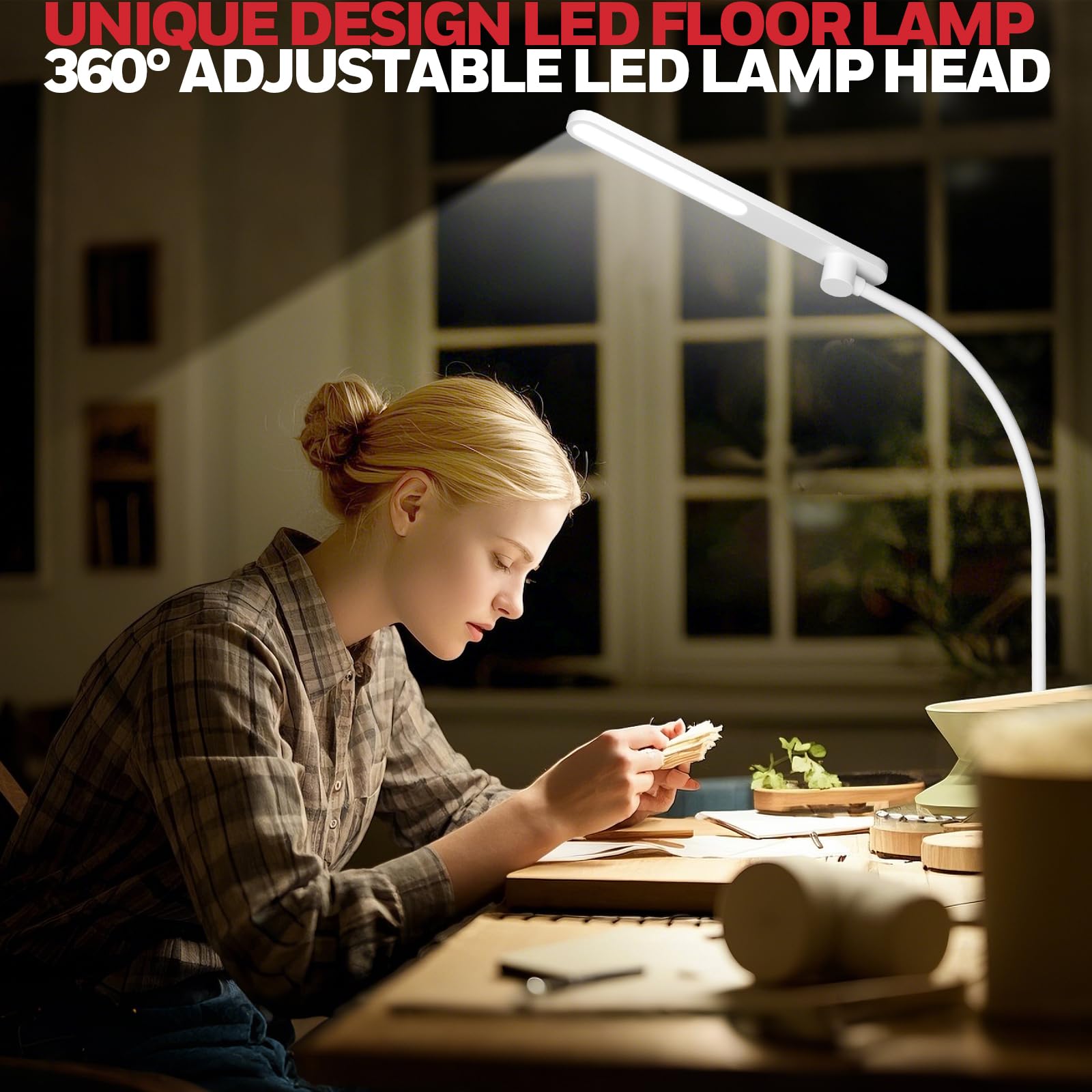 Honeywell Lampada da Terra LED,F4 Sunturalux™ Luci Super Luminose con Design Moderno Colli d'Oca per Illuminazione Accogliente,Lampada Regolabile per Lettura e Studio Soggiorno Camera Ufficio (Bianco)