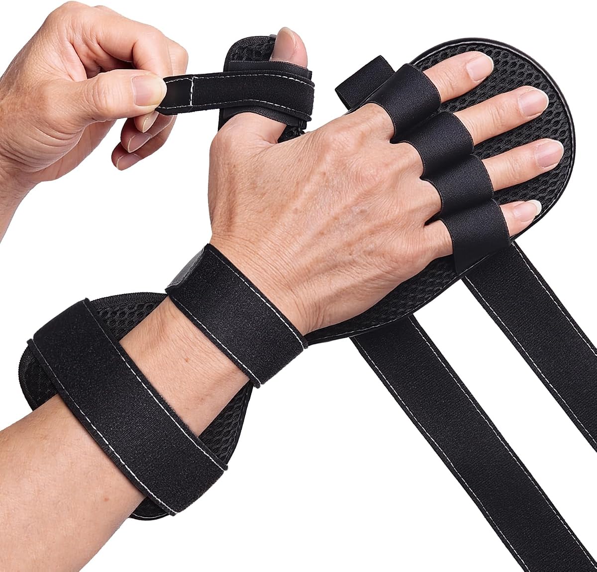 DrFinger Stroke Férula de mano para enderezar los dedos con soporte de descanso de 5 dedos, evita que los dedos se doblen, contracturas de Dupuytren, espasmos de las manos, ajuste derecho e izquierdo, hombres y mujeres -Negro- M