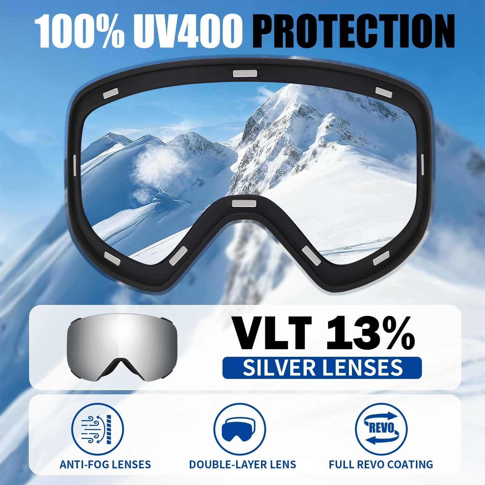 Occhiali da Sci con Magnetico Lenti Intercambiabili,YH693C Maschera da Sci OTG per Unisex Anti-UV400 Anti Nebbia Antipolvere Antivento Occhiali da Neve per Ski Ciclismo Moto