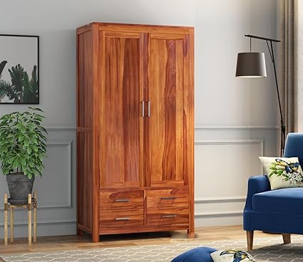 KUSUM HANDICRAFTS Solid Sheesham Wood 2-Door Wardrobe Cupboard Almirah: Elegant Storage Solution for Clothes (Design 14, Large)