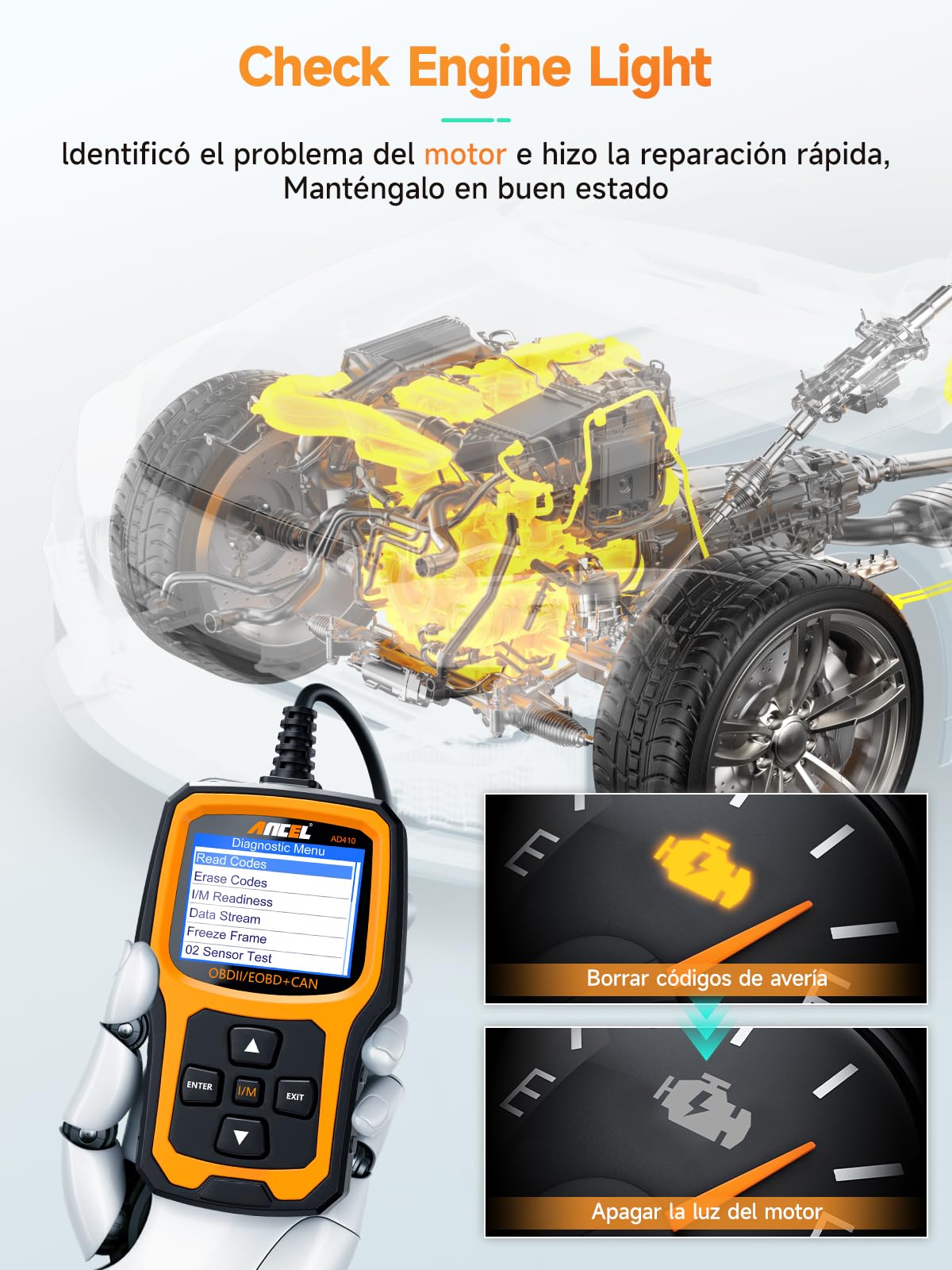 ANCEL AD410 OBD2 Diagnosis Coche Escáner Maquina en Español | Diagnostico Coche Multimarca,Lector de Fallas de Luz del Motor,Scanner OBD2 para Todo el Coche OBDII Después de 2002