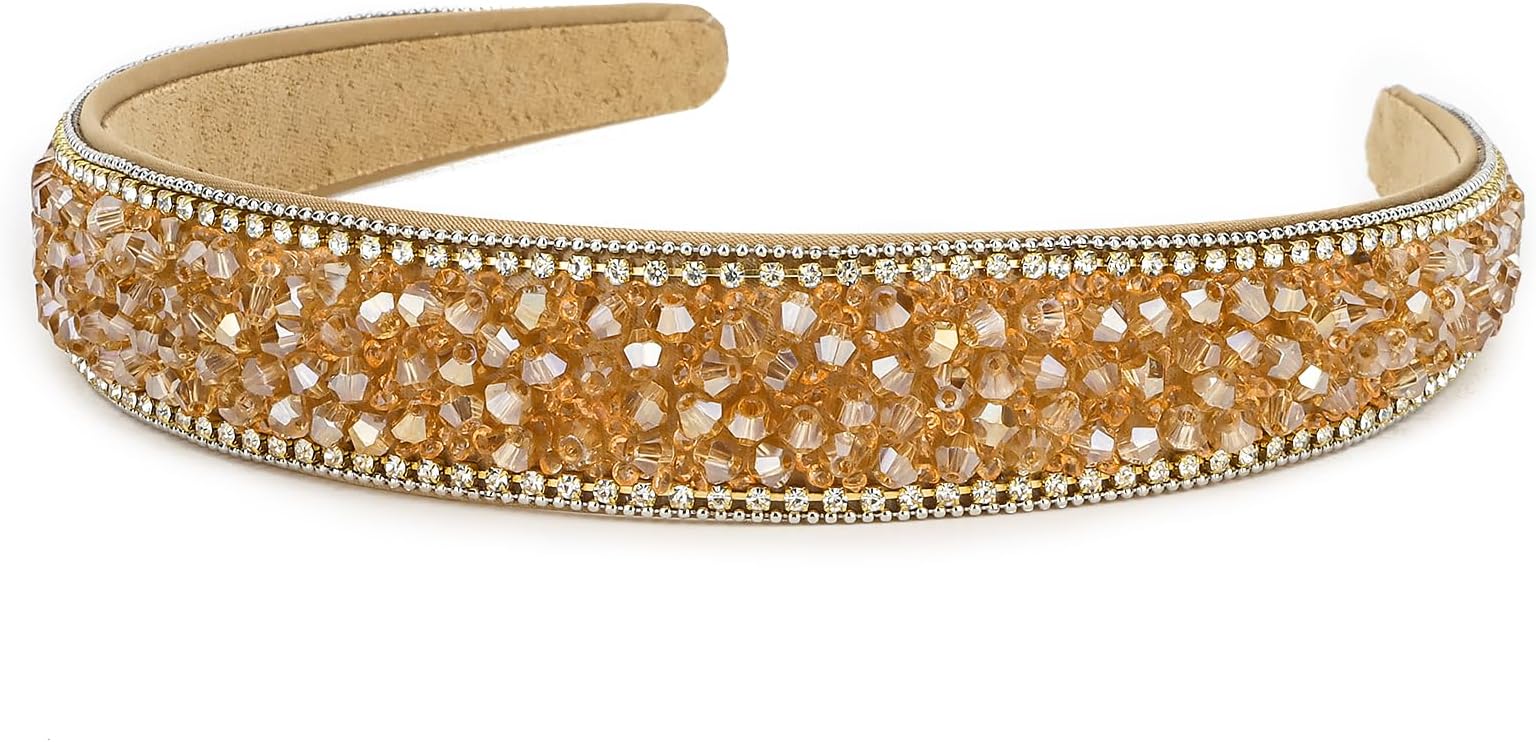 Wecoe Rhinestone Headband Women Girls 1 Inch Wide Champagne Headband Fashion Fancy Sparkly Bling Diamond Beaded Hair Band Non Slip Hair Accessories For Women Girls Gifts