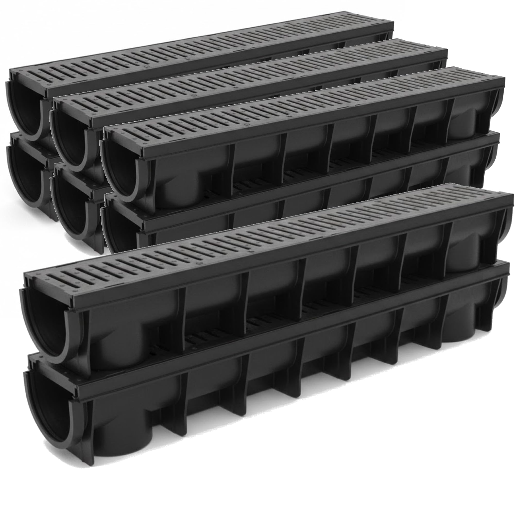 Drainage Channel 1m Linear Storm Drain (135mm W x 140mm H) Heavy-Duty Plastic, Clip-Together Modular System with Removable Grate for Driveway, Garden, Patio, Wetroom – 1/2/4/6/8 Pack (8)