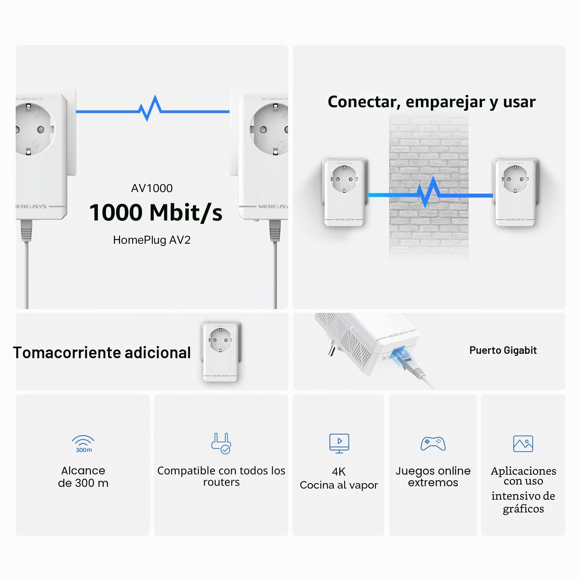 MERCUSYS MP500P Kit – Powerline AV1000 con Puerto Gigabit y Toma Passthrough, 2 Adaptadores PLC, Red Eléctrica de Alta Velocidad, Plug & Play, Ideal para Streaming 4K y Gaming