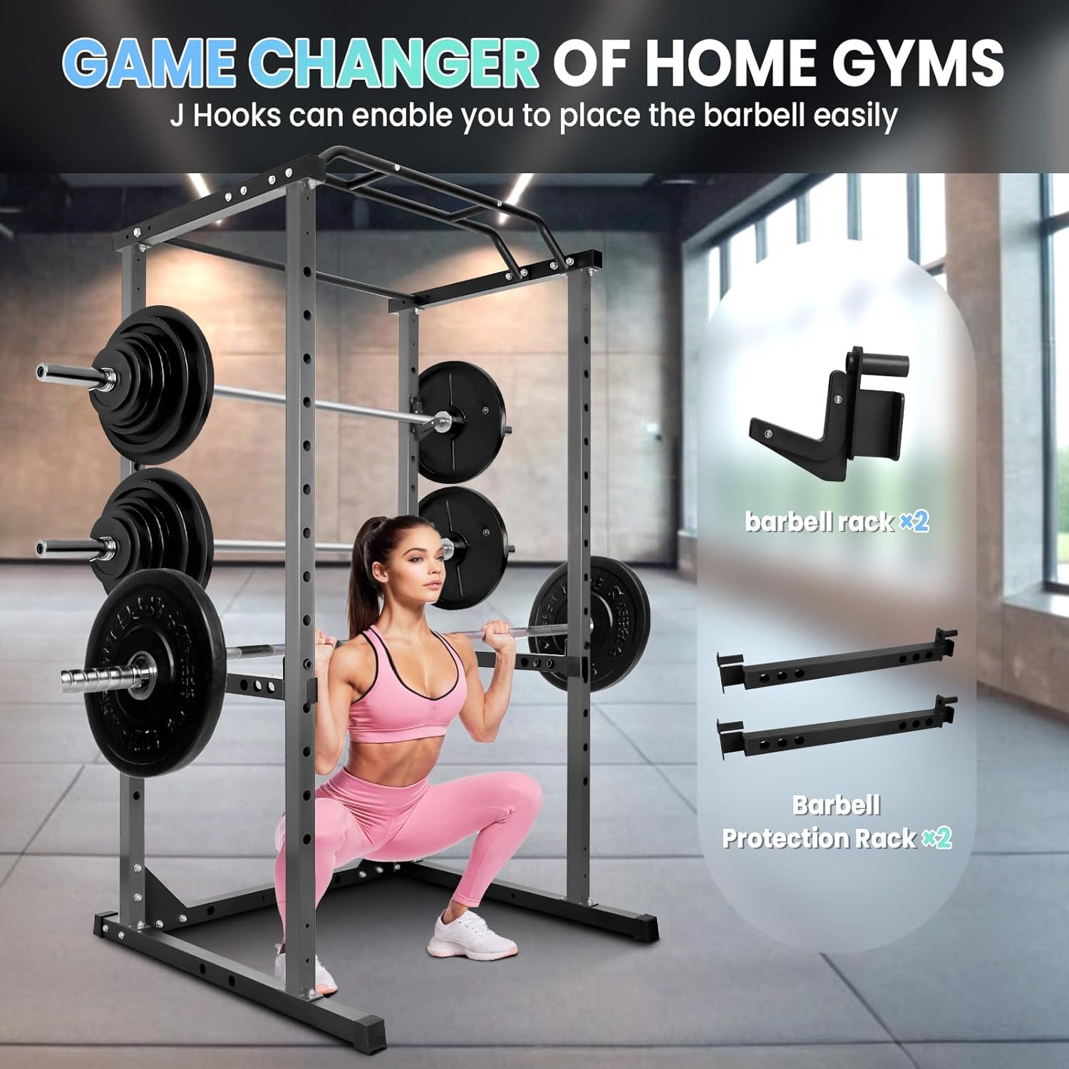 Vohala Multifunctional Squat Rack, Adjustable Power Rack Stand for Home Gym, Strength Training Power Cage with J-Hooks, Safety Spotter Arms, Weights and Bar Storage