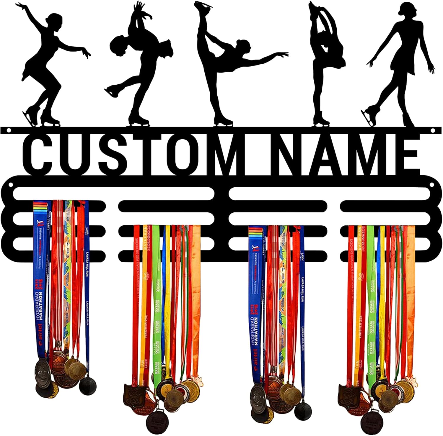 Custom Ice Skating Medal Hanger Display Holder Rack for Awards and Ribbons,Personalized Name Sports Medal Holder Display Rack Black Metal Shelf for Wall Decor Birthday Gift for Kids Boys Girls Adults