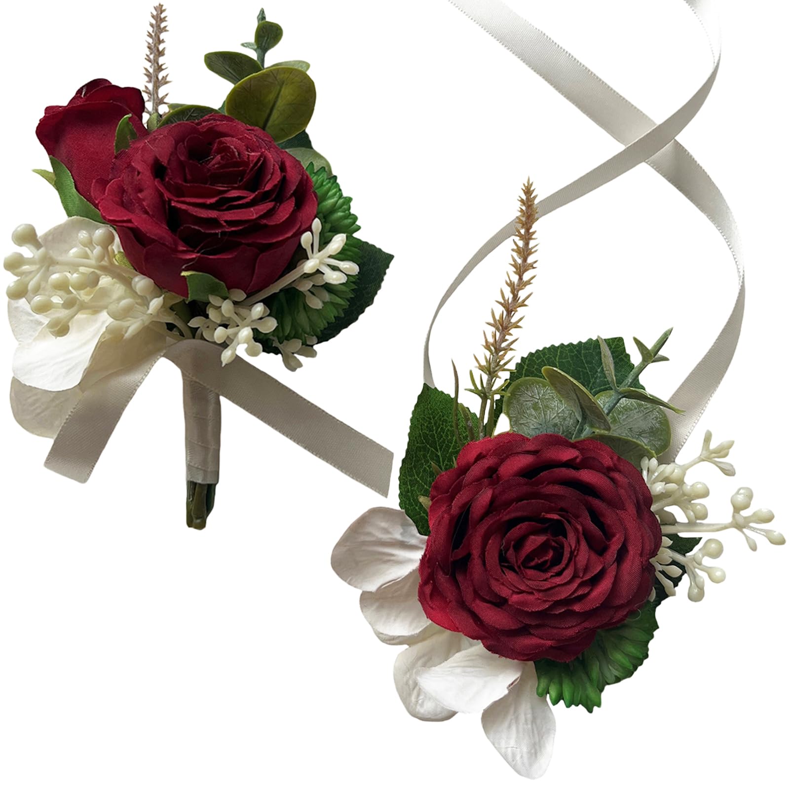 View 1 of ***ONE MINOR DAMAGE***MAFELOE Artificial Wrist Corsage Boutonniere Set for Groom Bride Groomsmen Bridesmaids, Corsage Wristband Men Boutonniere Wedding Party Prom Suit Decorations - Burgundy 2Pcs