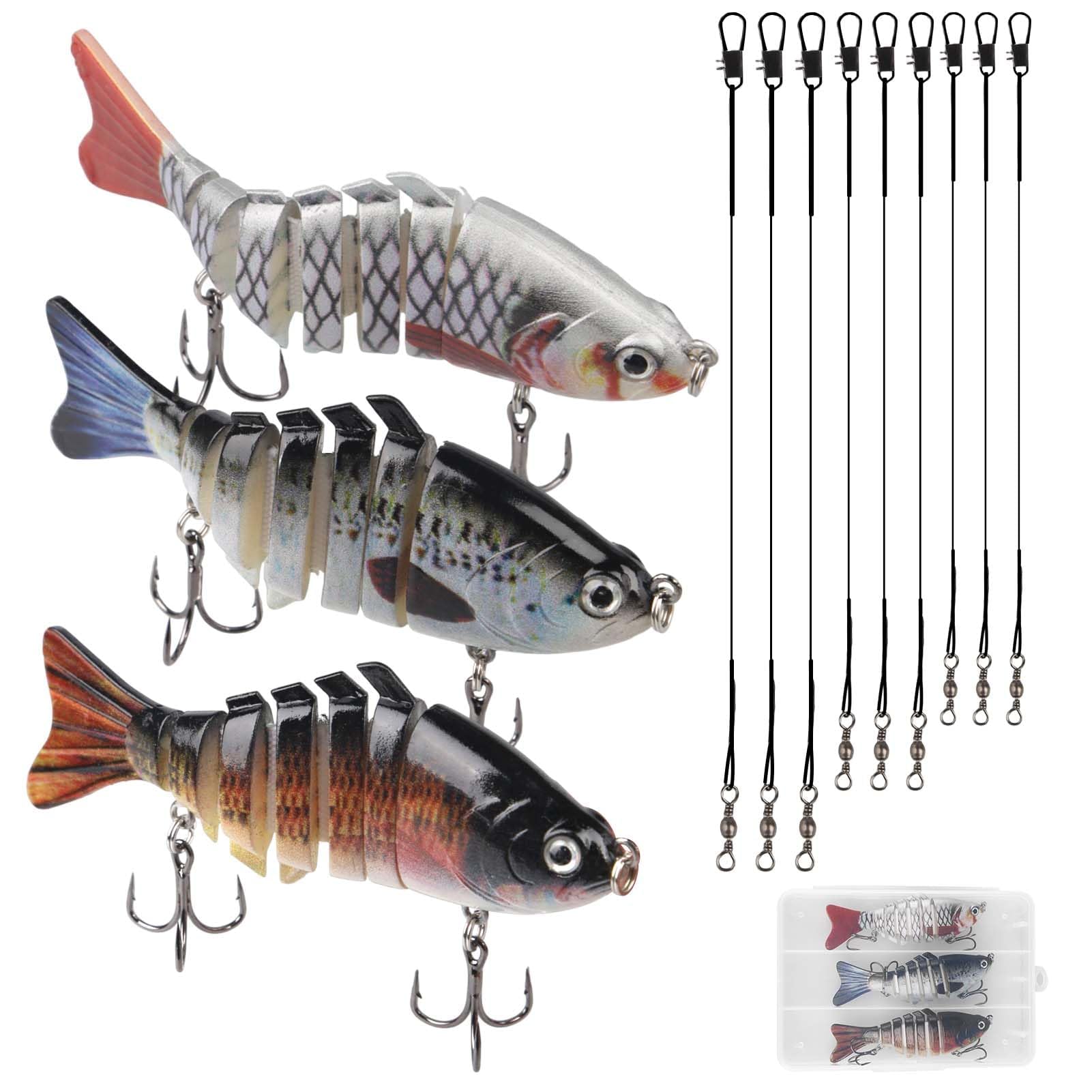 3 Pcs Multi Jointed Pike Fishing Lures with 9 Pcs Wire Traces 7 Segment Pike Lures Sets 3D Artificial Fishing Tackle Perch Lures Sets with Hooks Slow Sinking Lure with Wobbler for Freshwater Saltwater