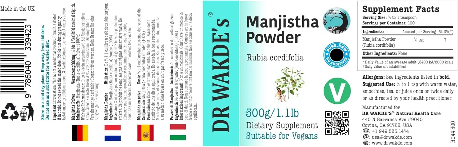 DR WAKDE'S Manjistha Powder (Rubia cordifolia/Manjith) - 1Kg (2.2lb) | Pure, Raw & Dried Powder | Natural Aroma and Freshness | Fine Powder | Vegan | Premium Grade | Nothing Added, Nothing Removed