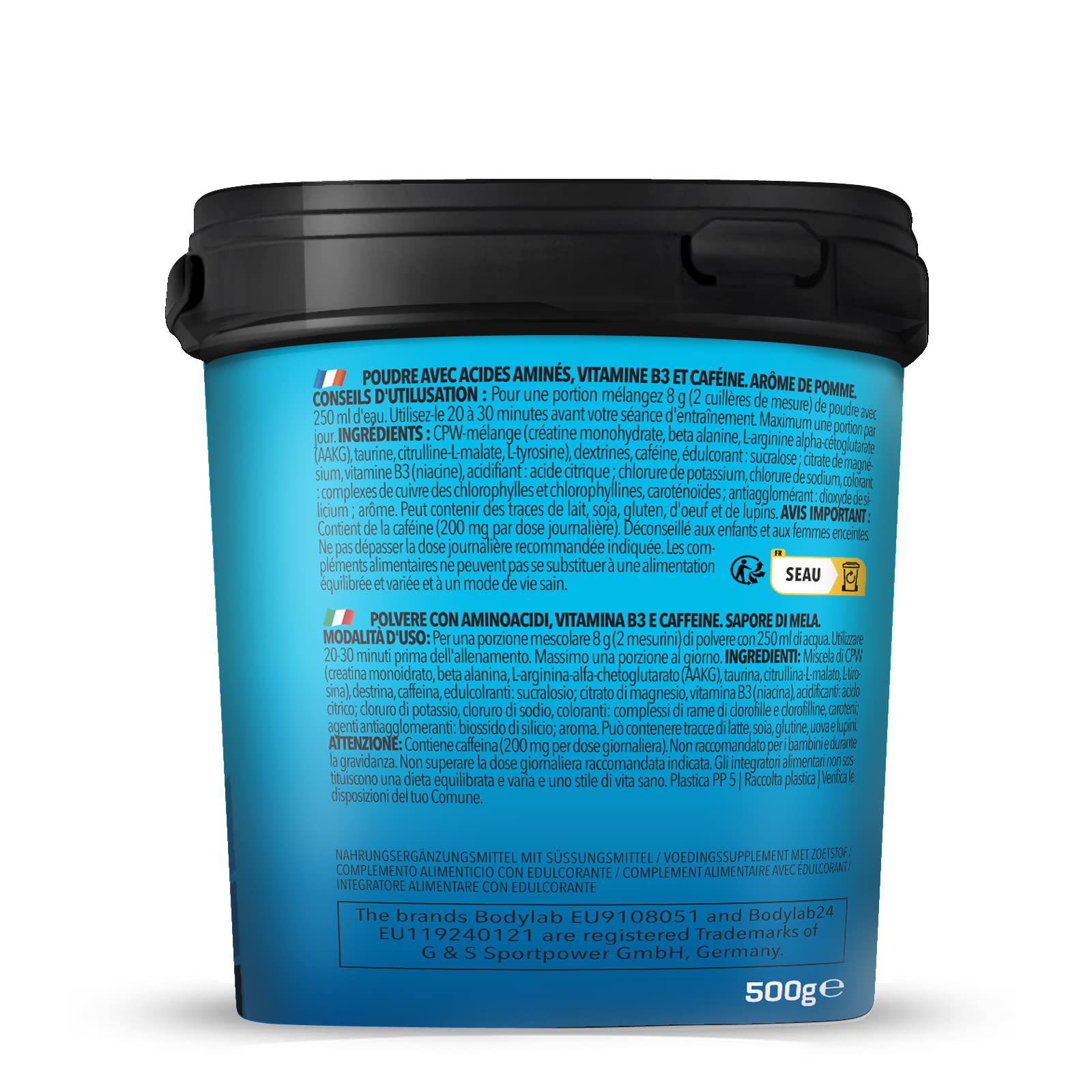 Bodylab24 Concentrated Pre Workout Grüner Apfel 500g, enthält unter anderem Kreatin, Beta-Alanin, Arginin, Niacin und Koffein, bewährte All-In-One-Formel fürs Training