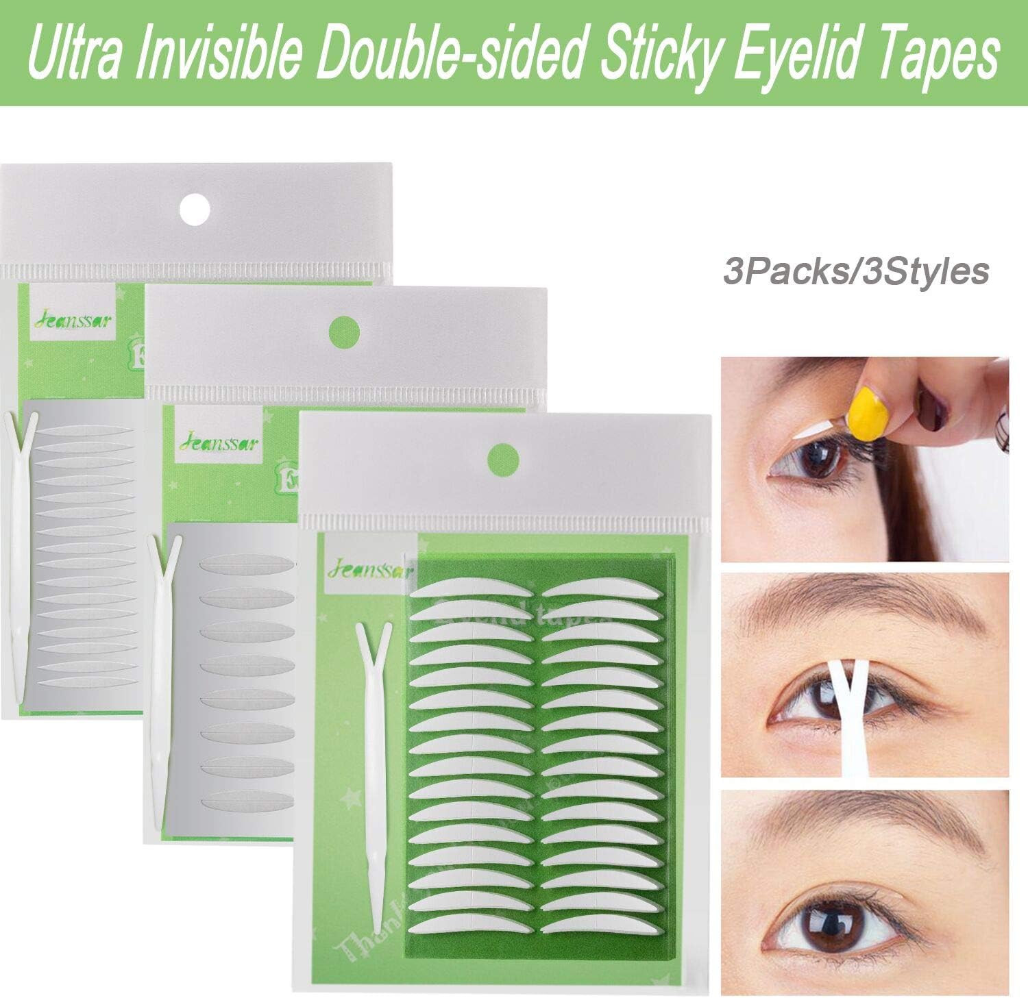 3Packs/3Styles Eyelid Tapes Invisible Double-Sided Sticky Double Stickers, Medical Fiber Eyelid Lift Strip Without Surgery, for Hooded, Droopy, Uneven, Mono-eyelids