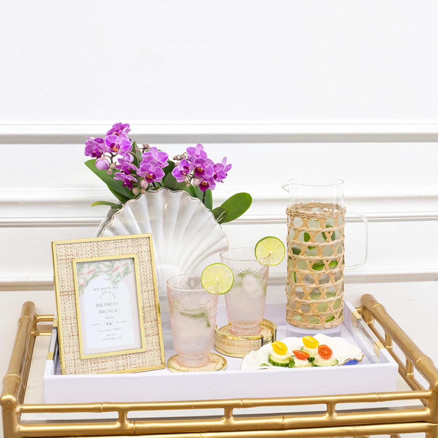 Lilly Pulitzer ゴールドとラフィアコースター ドリンク用 ホルダー付き かわいいコースター 4枚セット コーヒーテーブ