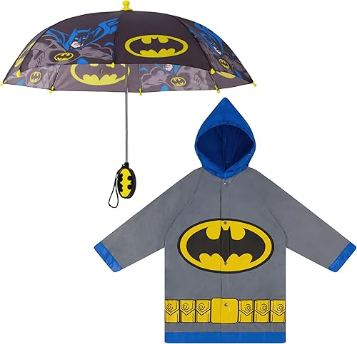 DC Comics Paraguas y Slicker, Batman o Superman, juego de ropa de lluvia para niños de 2 a 7 años