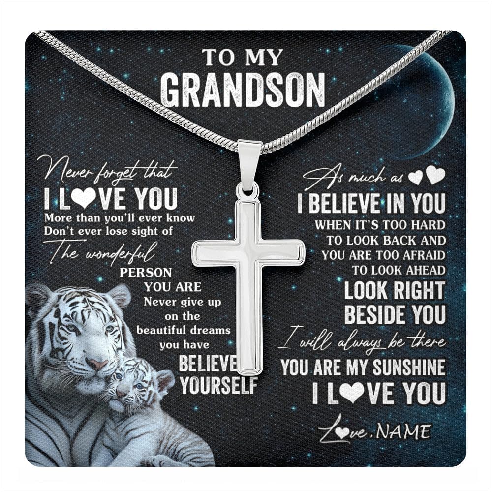 Yametee Personalized To My Grandson Necklace From Grandma Papa You Will Never Lose Lion Grandson Birthday Graduation Christmas Customized Gift Box Message Card