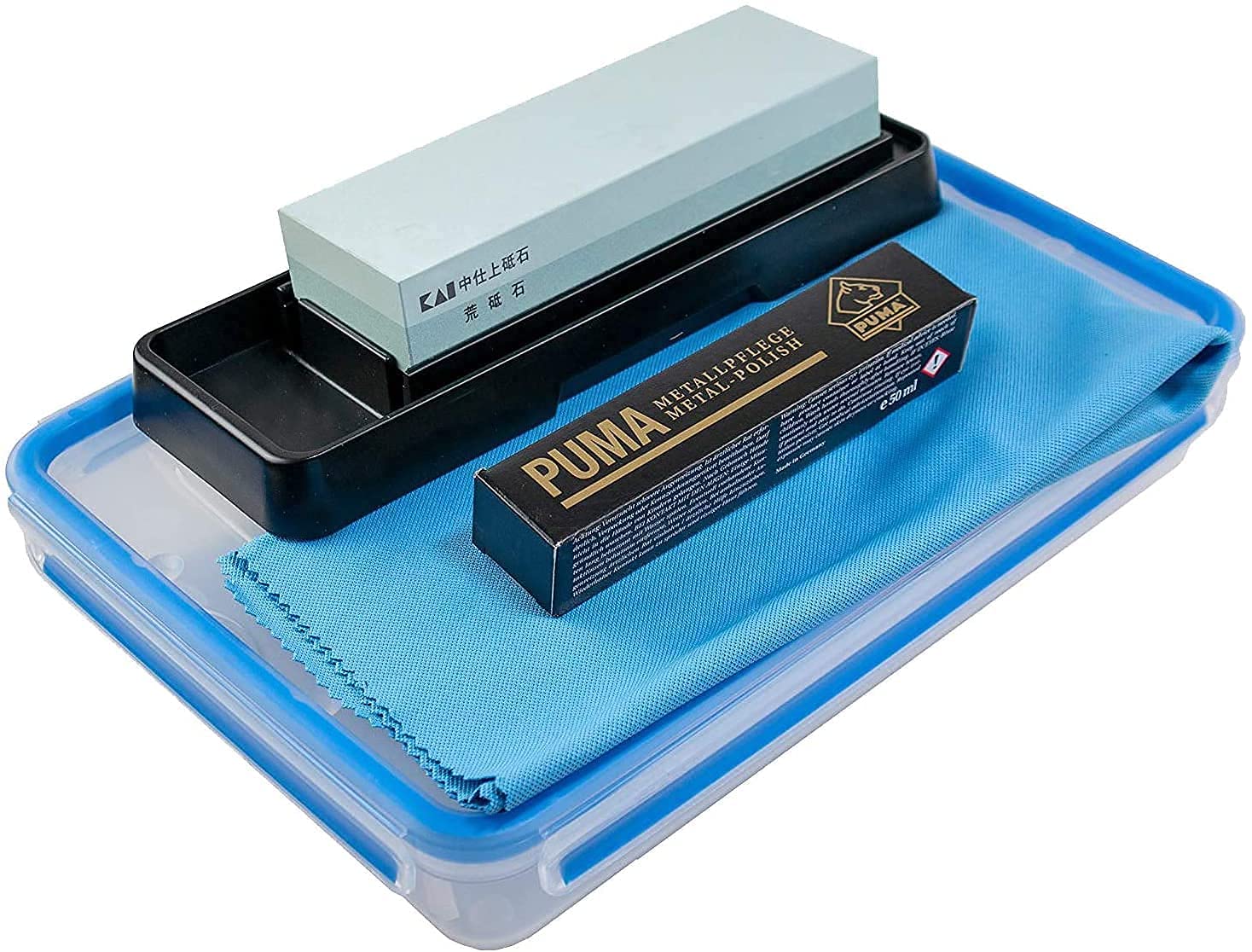 Kai Shun Schleif- und Pﬂegeset | Schleifstein AP-0305 Wetzstein 400/1000 Körnung Messerschärfer von Damastmesser + Polierpaste und Tuch | VK: 89,90 €
