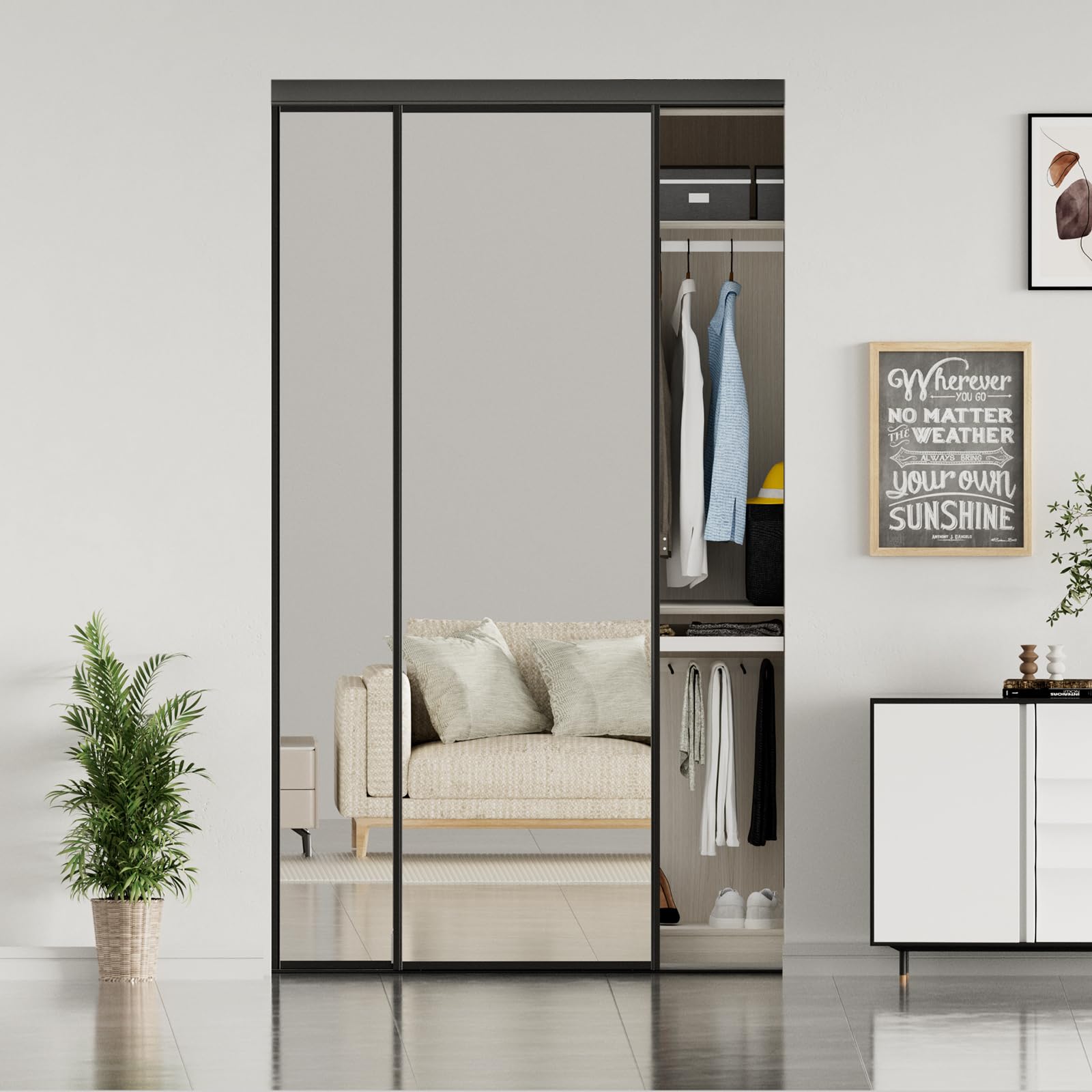 jubest full sized sliding mirror closet door 48 x 80, black steel frame sliding closet mirror door with top & bottom track kits, one side mirror with safety backing, easy to install