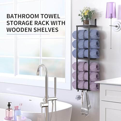 Miniatura 2 de Toallero de baño, toallero para baño montado en la pared con estantes de madera y 3 ganchos, almacenamiento de toallas para baño pequeño, toallero