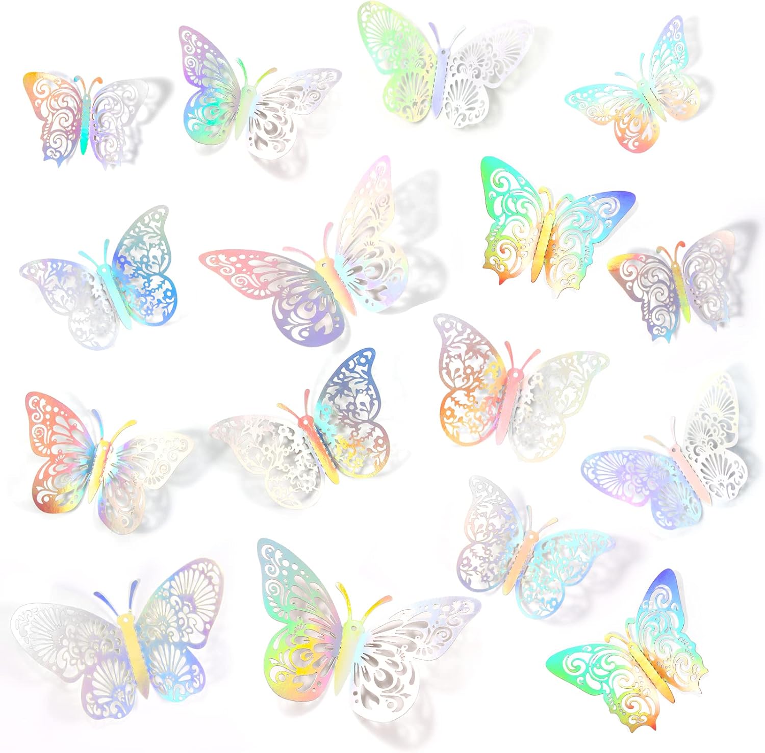 3D Butterfly Wall Decor Stickers Butterfly Decorations Party, 48Pcs 4 Patterns 3 Sizes, Butterfly Cake Decorations Paper Butterflies for Kids Baby Nursery Room Bedroom Birthday (Rainbow Silver)