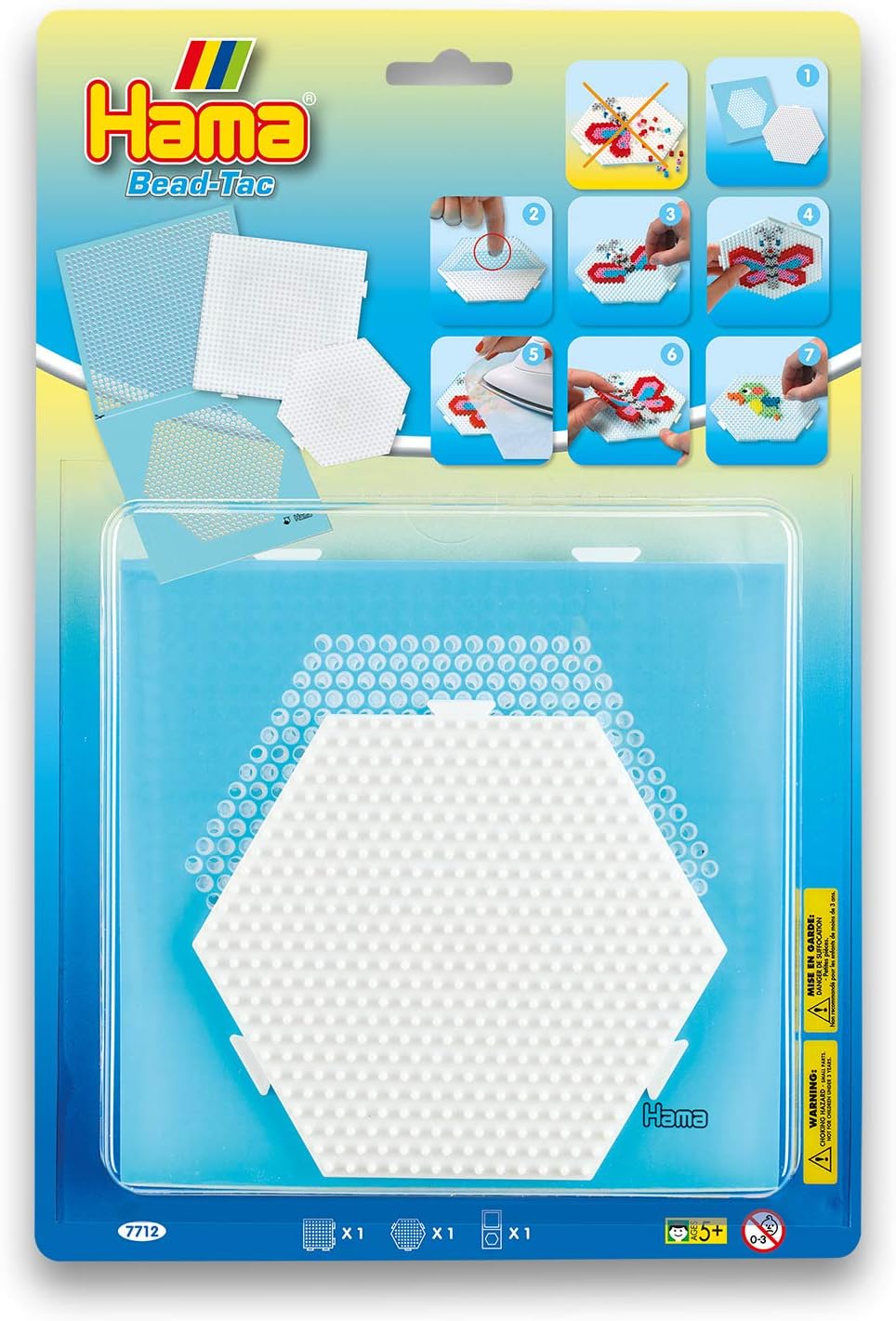 Hama Perlen 7712 Pin Plates Set of 2 for Midi Ironing Beads with Diameter 5 mm, Square and Hexagon Motifs in White, Includes Adhesive Film Bead Tac Craft Fun for Young and Old