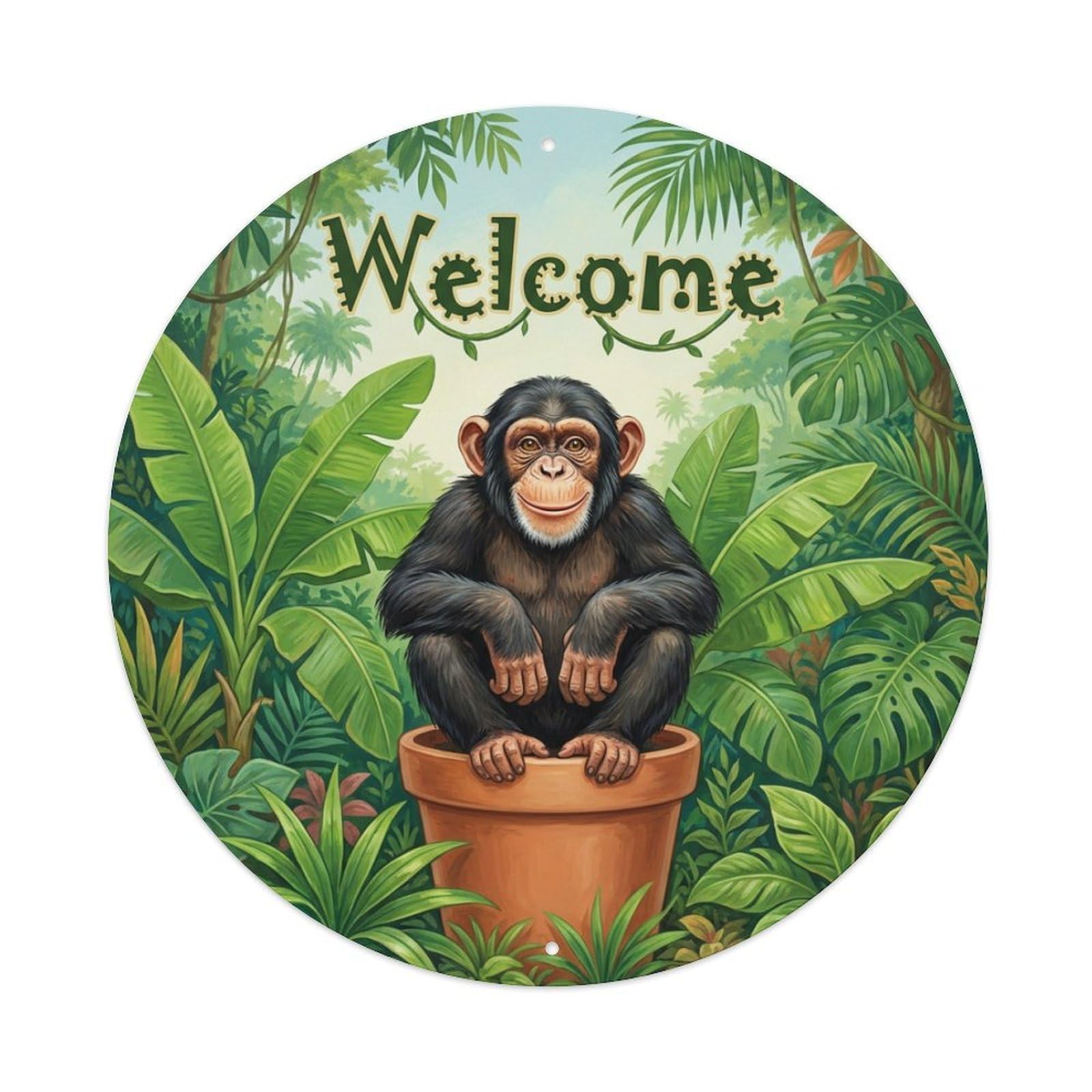 Welcome Chimpanzee Banana Leaf Metal Tin Sign