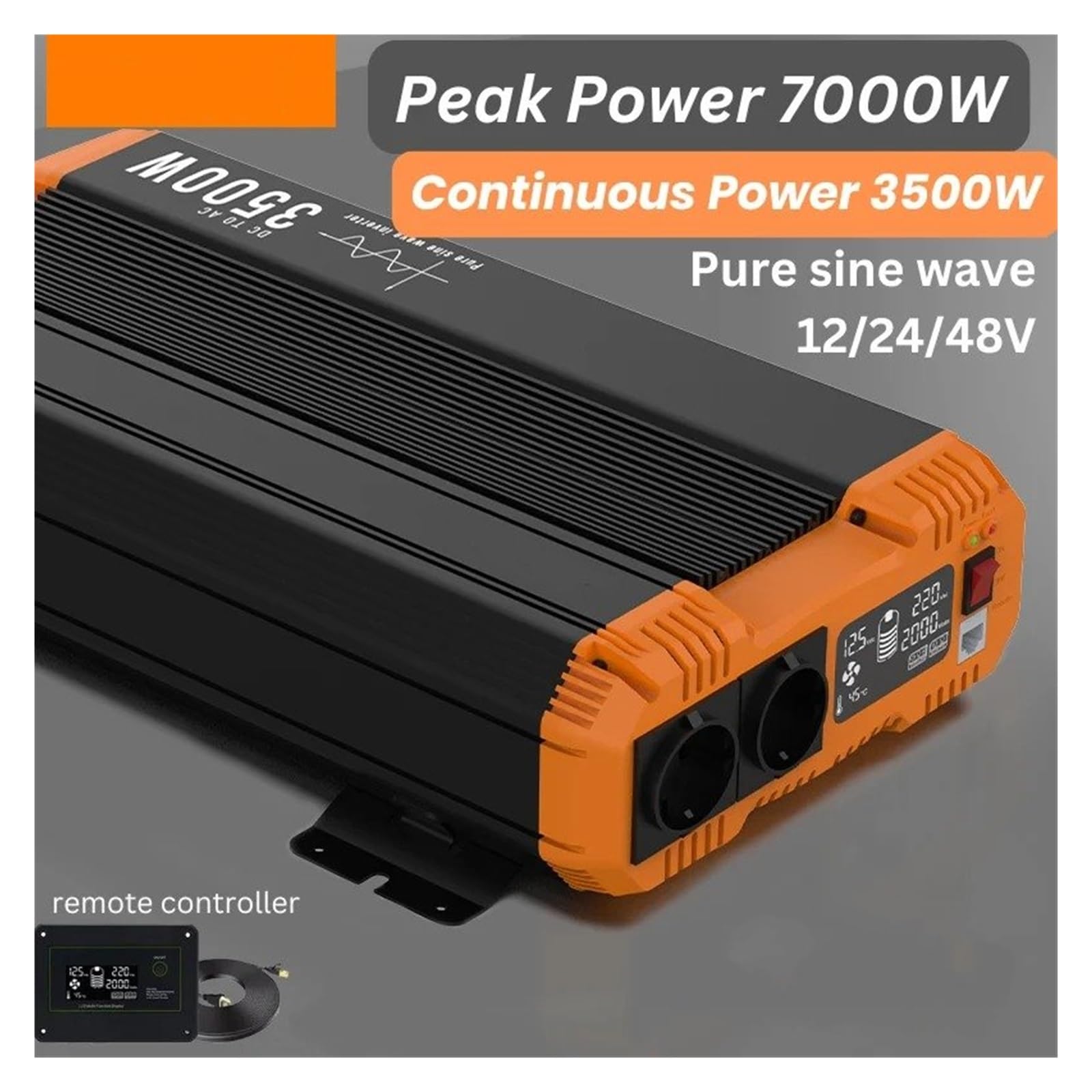 Inversor Onda Sinusoidal Pura 12 V/24 V/48 V A 220 V/230 V 7000 W Potencia Continua 3500 W con Control Remoto Ideal para El Hogar Autocaravana Convertidor(48V,3500W-50HZ)