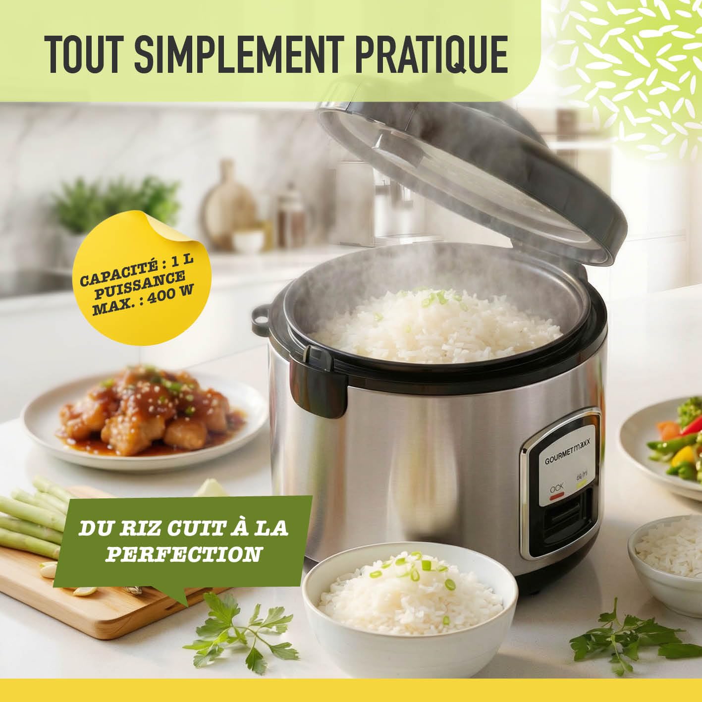 GOURMETmaxx cuiseur à riz compact & vapeur 1 L avec panier vapeur, cuve, spatule et verre doseur. Fonction maintien au chaud, idéal pour célibataires et petites familles, compatible lave-vaisselle.