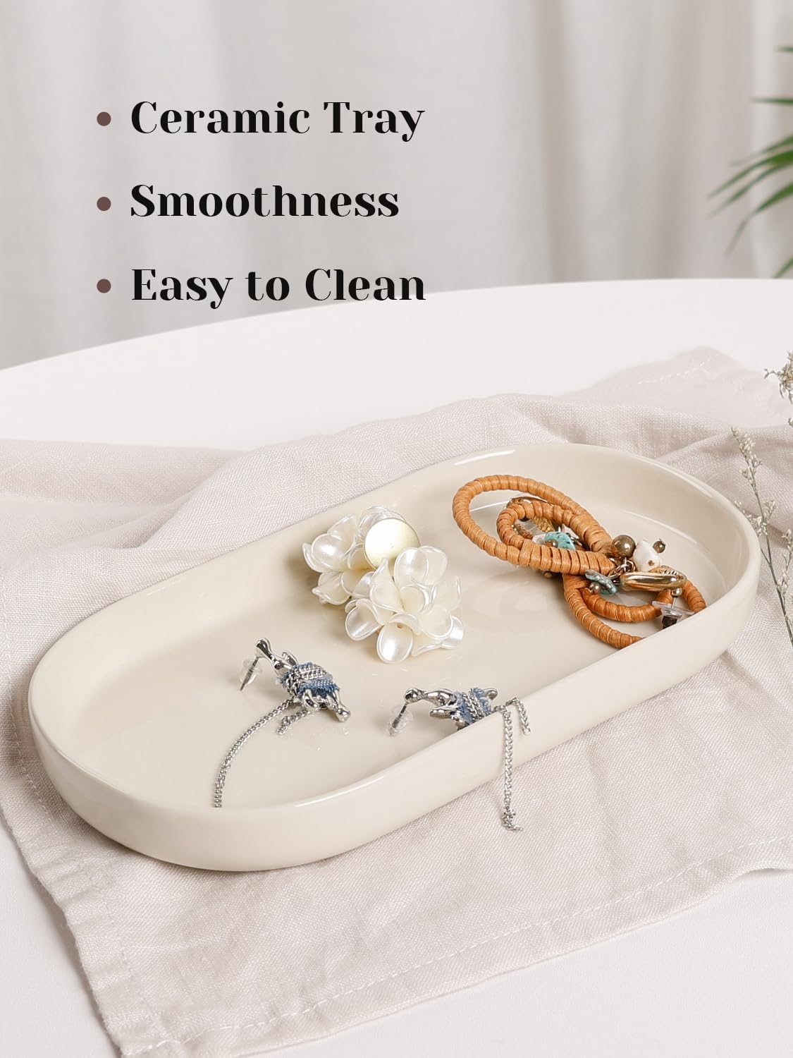 INGOFIN 7" Ceramic Bathroom Vanity Tray - Bathroom Organizer Countertop Tray for Perfume, Jewelry, Candles, Small Kitchen Counter Soap Tray, Decorative for Bathroom Vanity and Toilet Tank, Beige - Image 4