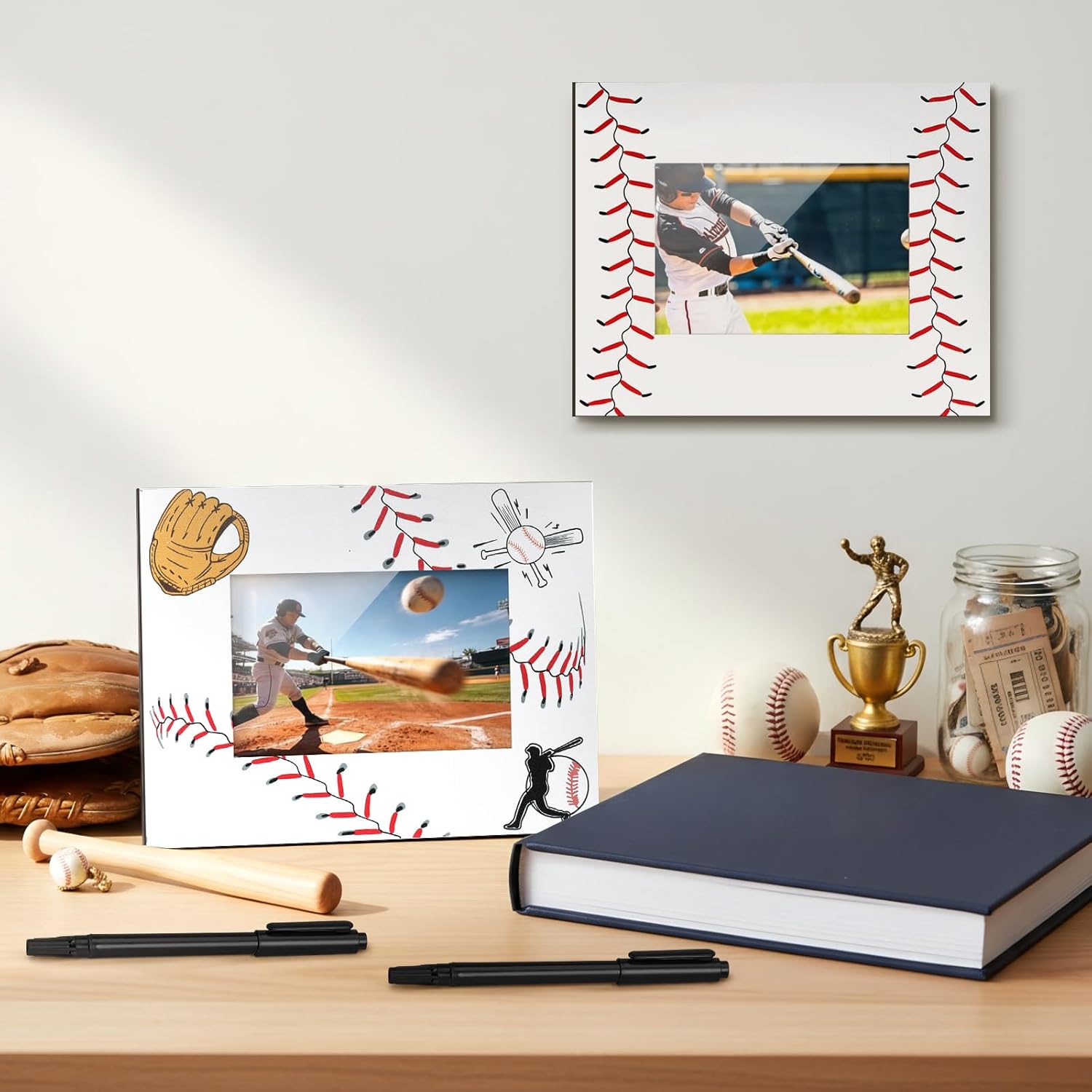 Leinuosen 12 Pcs Baseball Picture Frame Bulk Baseball Senior Night Gifts Wooden Rotating Tabletop Display 4x6 Inch Photo with Acrylic Front & 2 Pens Sports Party Favors for Team Coach Player Fan Mom