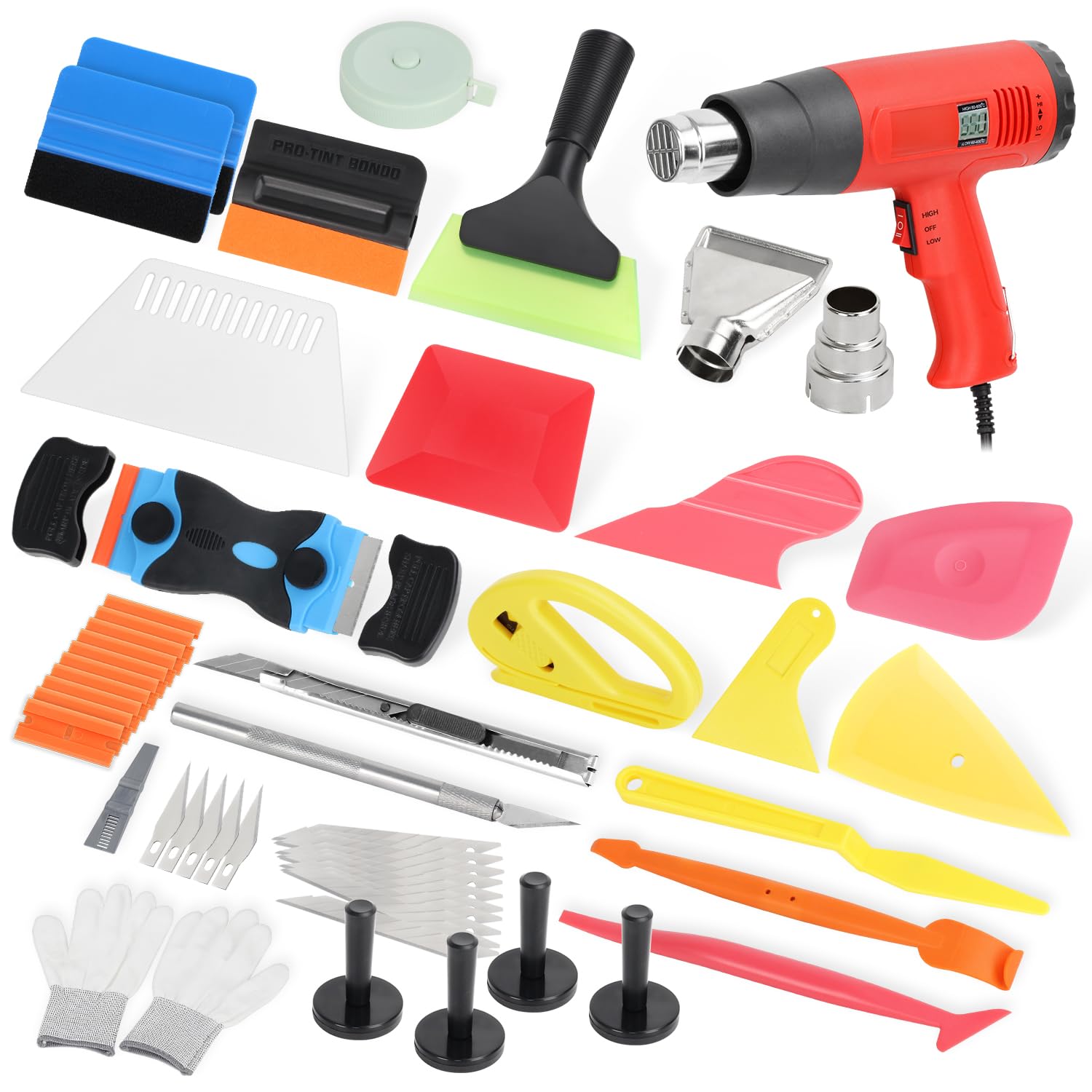 52Pcs Vinyl Wrap Tool Kit with Heat Gun, Felt Squeegee, Plastic Scraper, Film Cutting Tool, Magnets Holder, Window Tint Tools for Car Film Installation