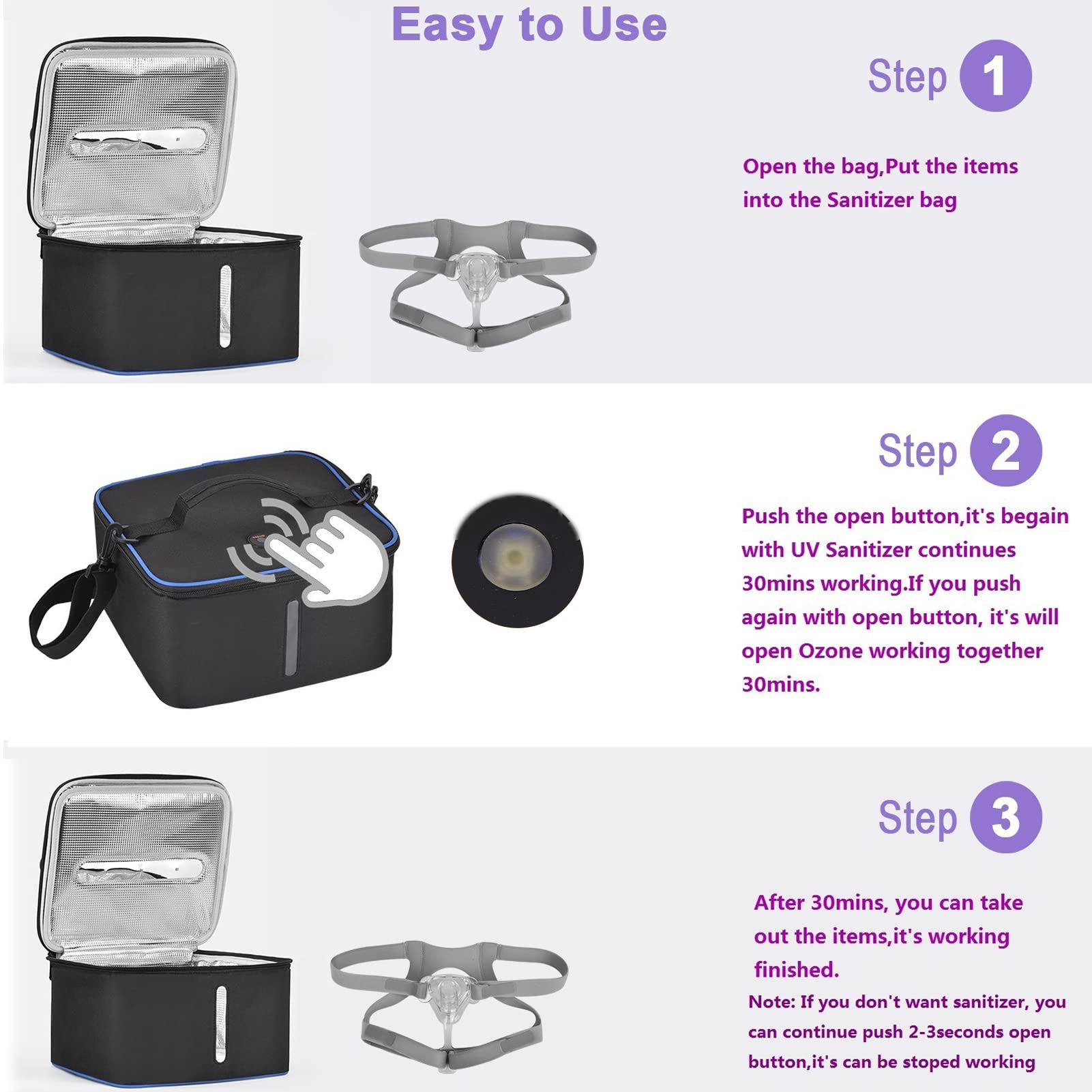 Borsa per la Pulizia della Luce, Borsa per la Disinfezione UVC, Sterilizzatore Portatile con Luce a LED, Sterilizzazione Rapida e Semplice del 99,9% in Soli 3 Minuti, Grande Borsa