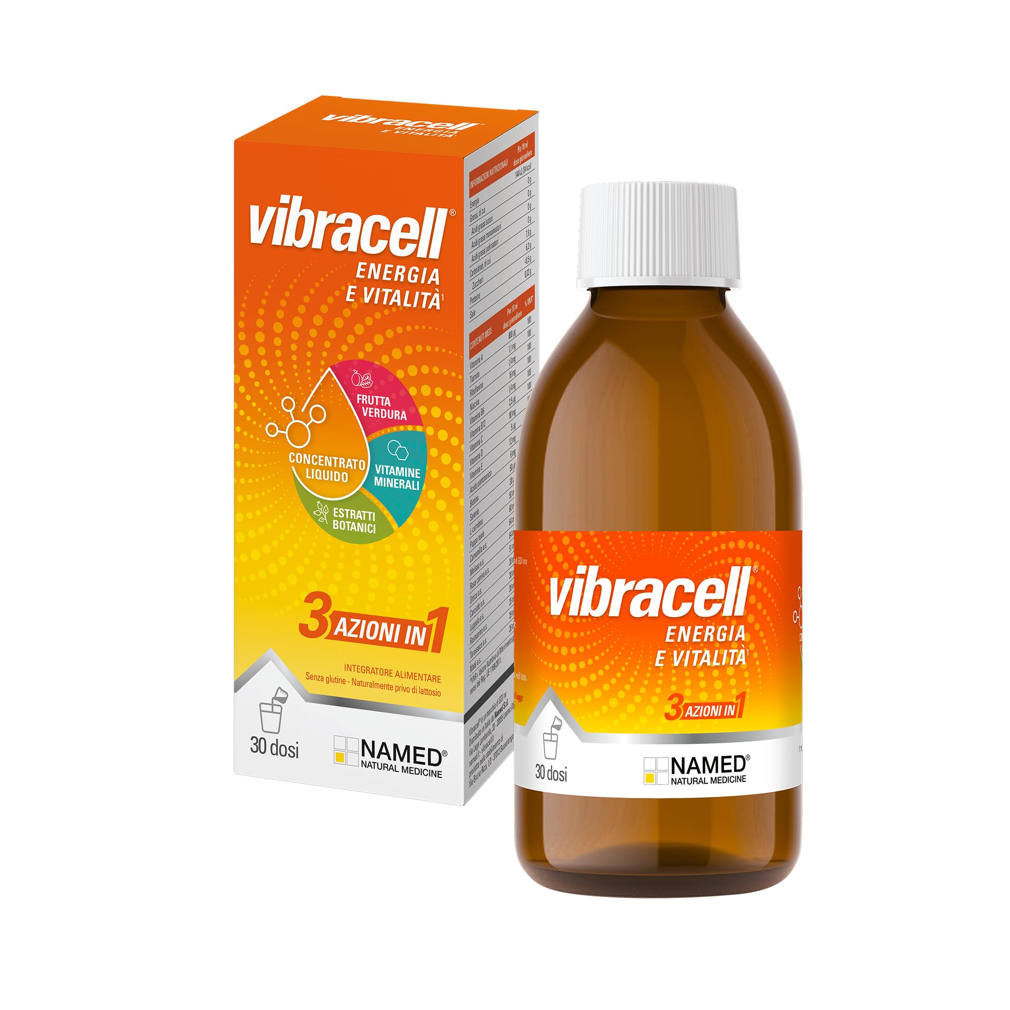 NAMED Vibracell Integratore Alimentare Concentrato Liquido di Succhi di Frutta, Verdura e Estratti Botanici | Vitamine, L-​Carnitina e Pappa Reale | Energia e Vitalità Adulti e Bambini | 300 ml