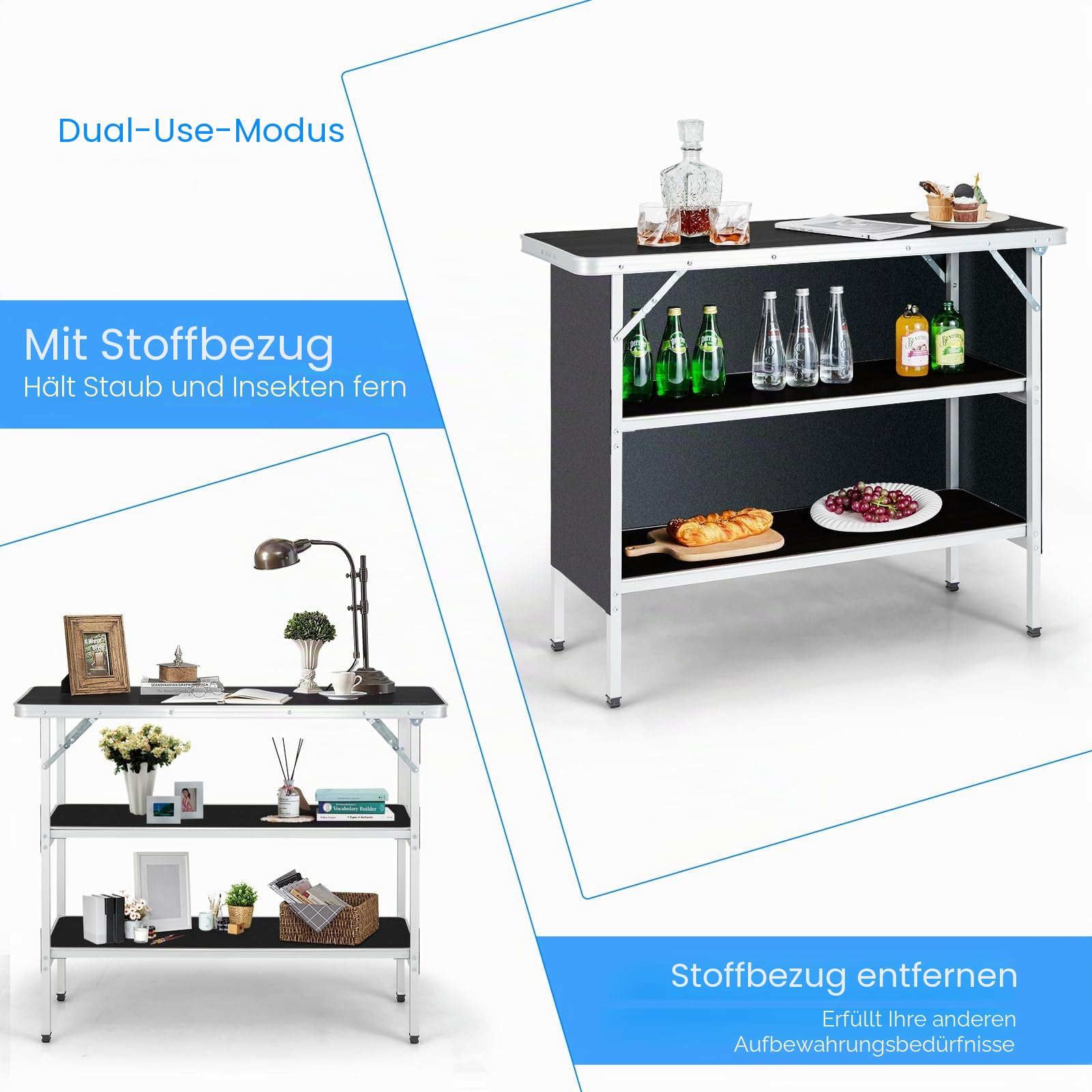 KOMFOTTEU Campingküche mit 3 Ebenen Stauraum, Campingschrank Klappbar mit Tragetasche, Picknicktisch faltbar aus Aluminium, Klapptisch für Picknick, BBQ, Party (Schwarz)