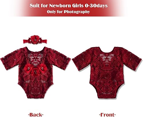 Miniatura 18 de ForBaysy Mameluco de encaje con diadema de flores para recién nacido, accesorios de fotografía para recién nacidos, accesorios para posar