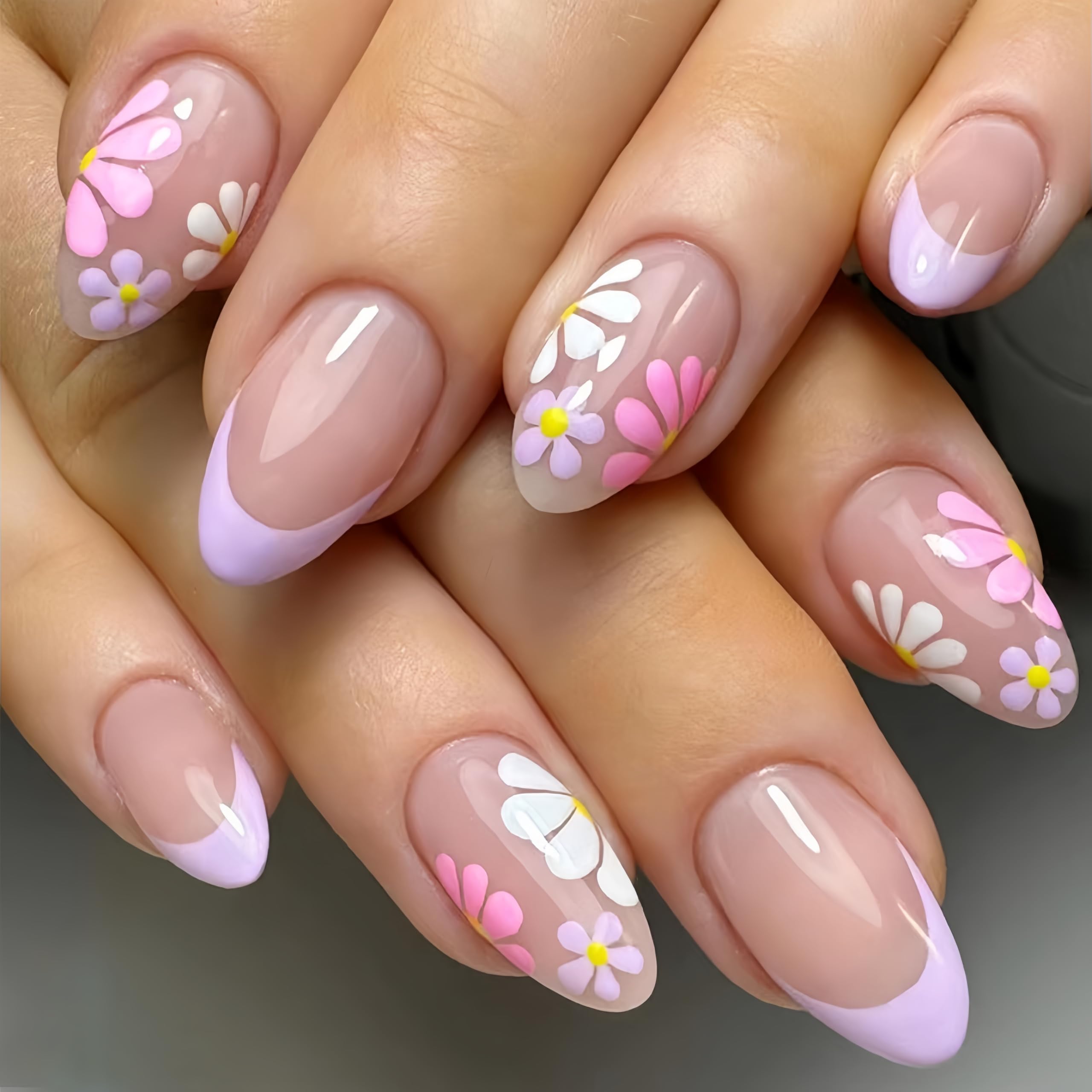 SXVME Floral French Tip Press on Nails Medium Almond