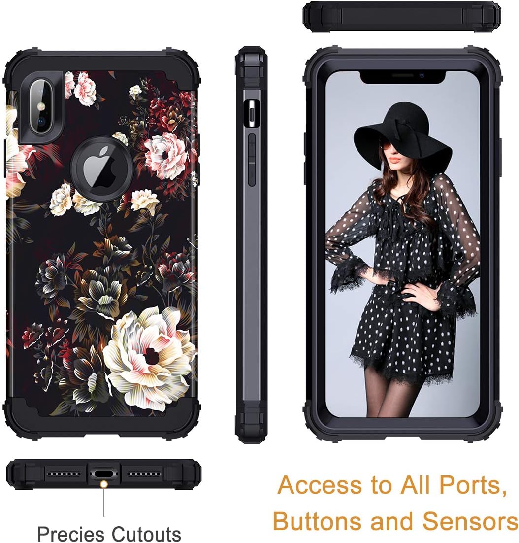 LONTECT Compatible iPhone Xs Max Case Floral 3 in 1 Heavy Duty Hybrid Sturdy High Impact Shockproof Protective Cover Case for Apple iPhone Xs Max 6.5 Display, Flower/Black