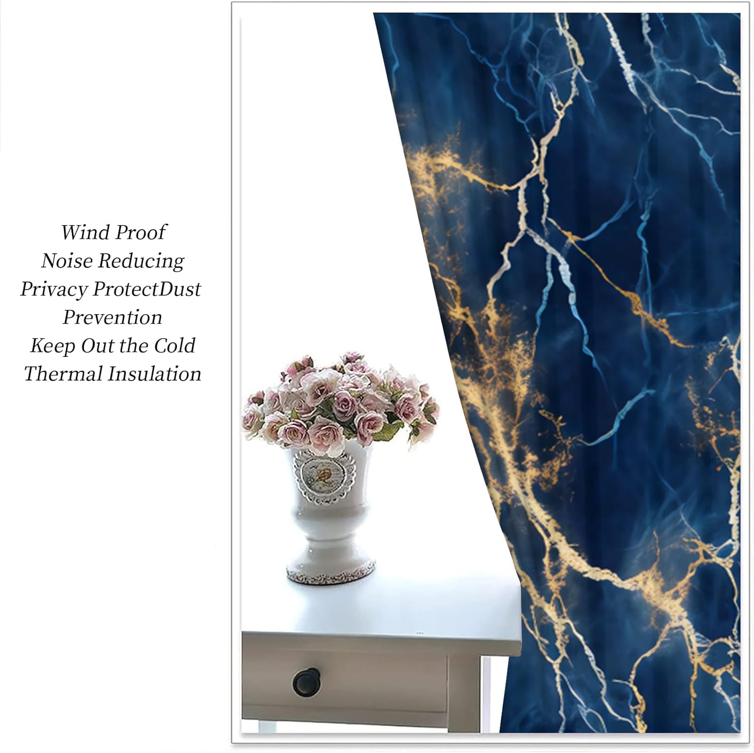 Modern Blue and Gold Line Art Window Drapes, Navy Blue Marble Background Blackout Curtains, Grommet Thermal Insulated Drapes for Kids Bedroom Living Room Home Decor (21" W x 63" L) x 2